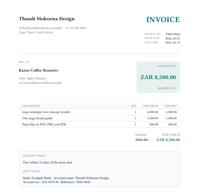 The top of a Simple Invoice PDF made with Koutei, with fictional business and client details